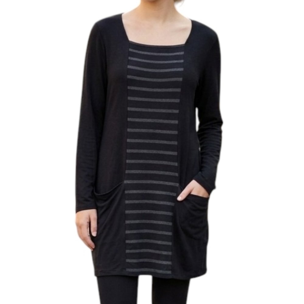 Miik Tunic Dress Women Medium Black Grey Striped Bamboo Minimalist